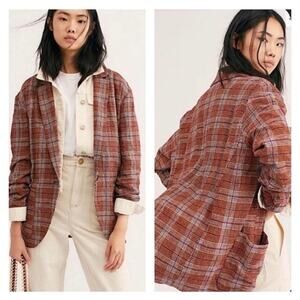 Free People Simply Plaid Pomegranate Blazer Oversized Fit Slouchy Size Medium